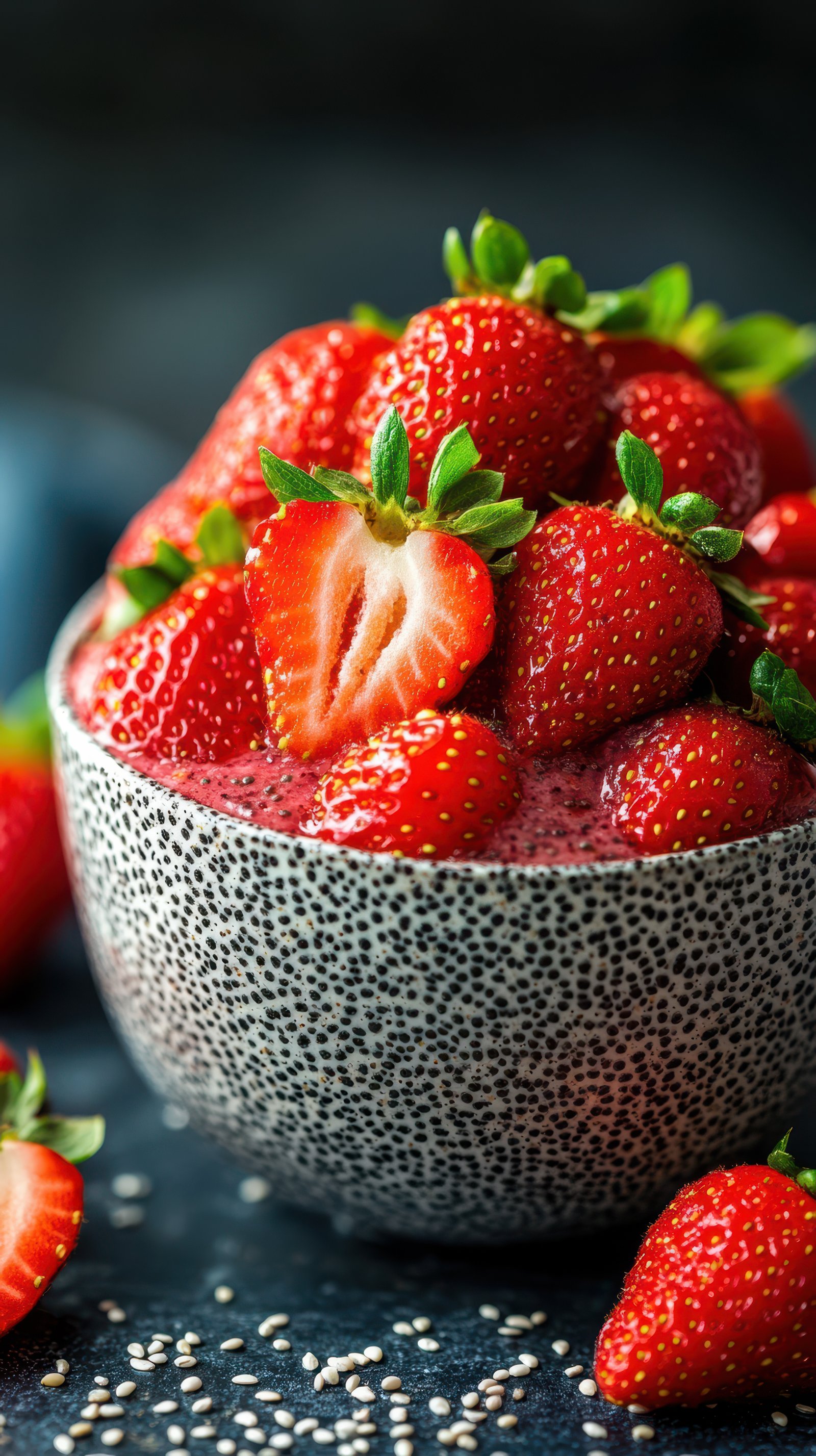 Fresh strawberries arranged beautifully in a patterned bowl, showcasing vibrant colors and textures for a delightful presentation